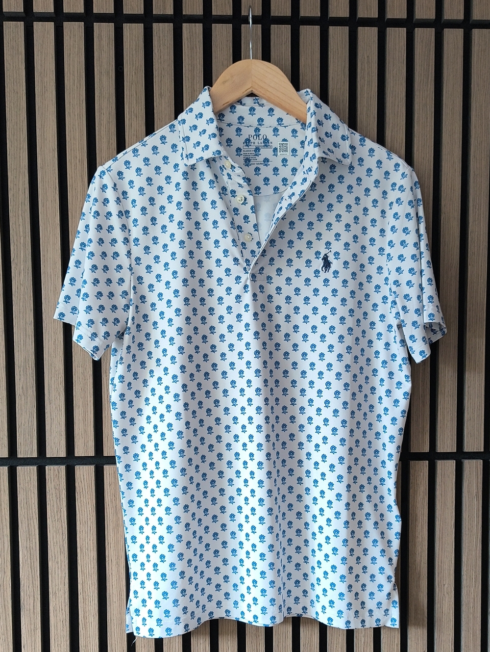 Ralph Lauren White Polo with Blue Micro Floral Pattern